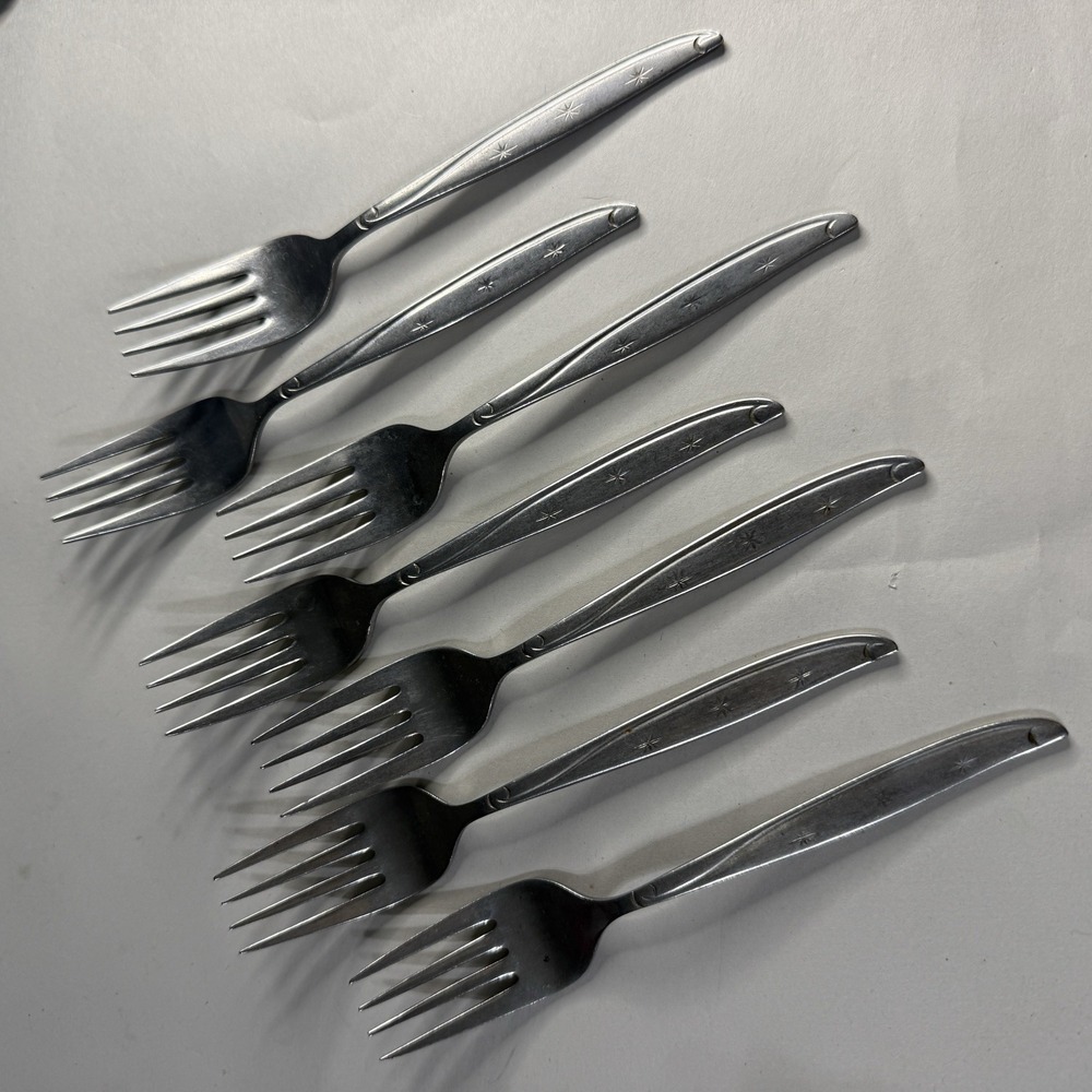 7 Salad Dessert Small Fork Castle Court CCS5 Flatware Atomic Stars Starburst